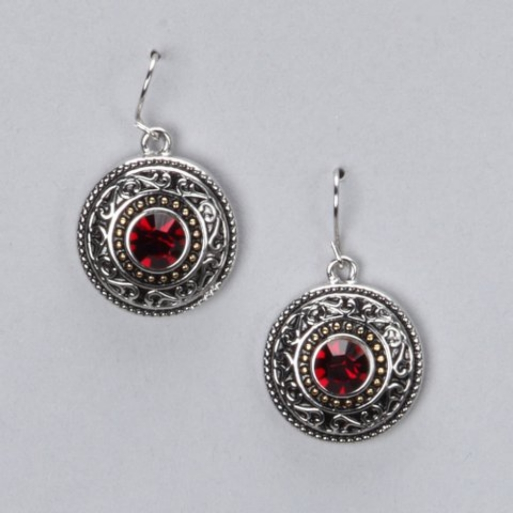 Balinese Artisan Two Toned Filigree Garnet Medallion Round Drop Earrings